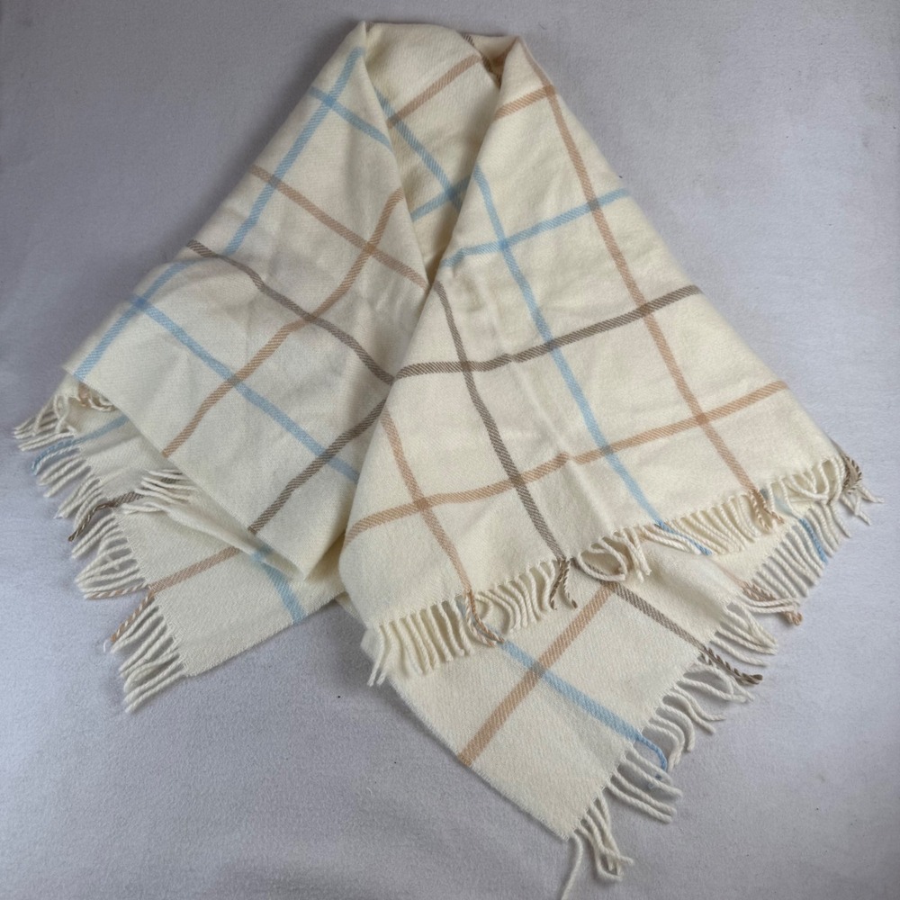 James Pringle Weavers Scotland Pure New Wool Rug Throw Blanket Cream Blue Plaid